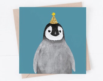 Birthday Card, penguin card, penguin birthday card, birthday cards, penguins, party hat, penguin, fun penguin