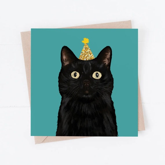 Black Cat Birthday Card: Fun Party Hat Design