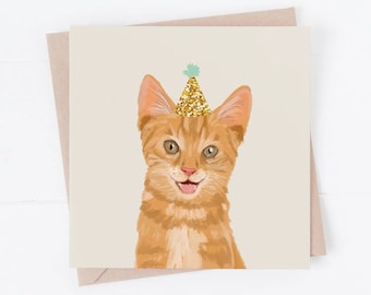 Ginger Cat Birthday Card, Party Hat, Cat Lover Gift