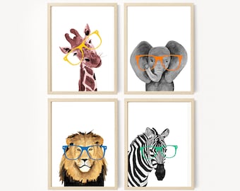 Watercolor Safari Animal Nursery Prints, Kids Room Wall Art