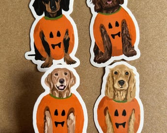 Dog Sticker, die cut vinyl, hand painted art, Halloween pumpkin costumes