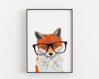 Fuchs Aquarell Print mit Brille, Aquarell Druck, Tierkindergarten Kunst