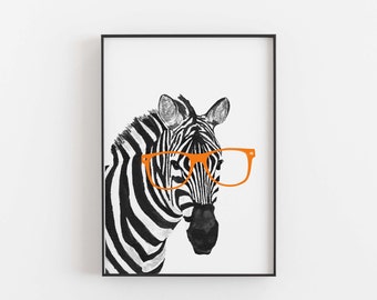 Watercolor Zebra Print with Glasses, Nursery Art