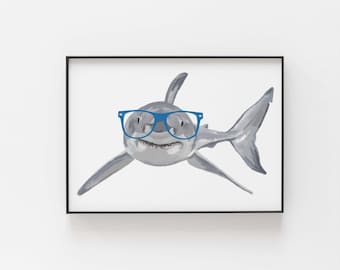 Funny Shark Print: Hand-Drawn Art with Glasses