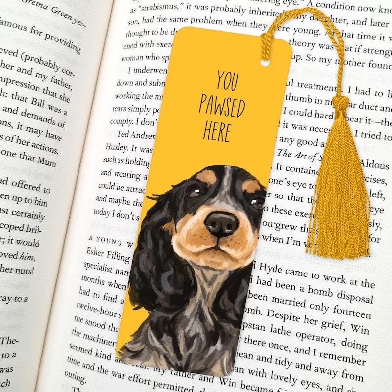 dog bookmark: hand-painted printed artwork, gifts for dog lovers, book accessories, Spaniel Black Tan