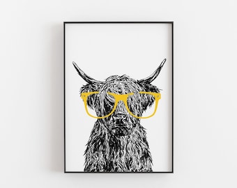 Highland Cow Print: Scottish Cow Art with Glasses
