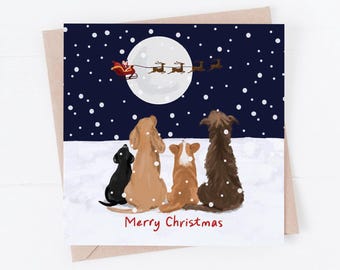 Dog Christmas Card: hand illustrated Christmas card, Xmas cards dogs in snow, Santa watch, dogs watching Santa, Christmas cards with dogs on