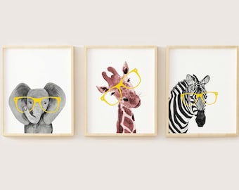 Safari Animal Nursery Prints, Watercolor Giraffe, Elephant, Zebra Set