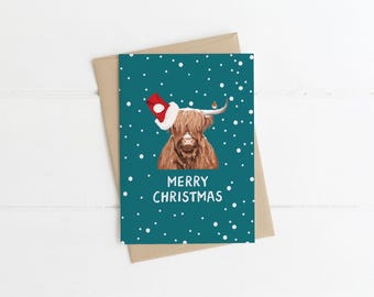 Hand-Illustrated Highland Cow Christmas Card: A6 Blank Inside