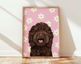 Brown Cockapoo Print: hand illustrated dog art, daisy flowers
