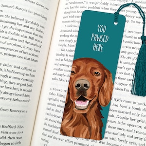 May include: Teal blue bookmark featuring a painted illustration of a brown dog with a white chest and a white muzzle. The bookmark has the text "You Pawsed Here" in white.