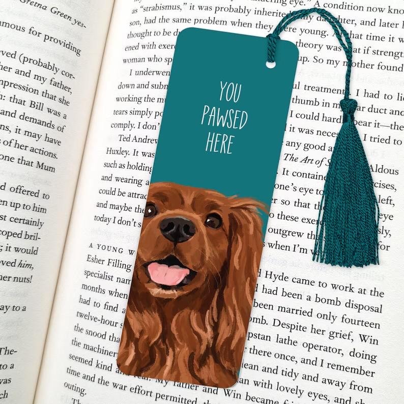 dog bookmark: hand-painted printed artwork, gifts for dog lovers, book accessories, King Cavalier (brown
