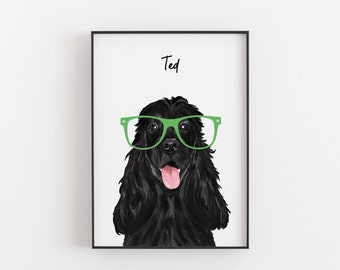 Black Cocker Spaniel Dog Print with Glasses: Personalised Pet Portrait