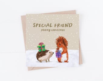 Special Friend Christmas Card: hand drawn, hedgehog, squirrel