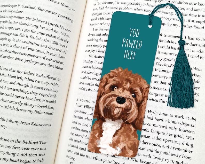 dog bookmark: hand-painted printed artwork, gifts for dog lovers, book accessories, Cavapoo (brown)