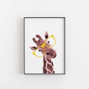 Giraffe with Glasses Watercolor Print, Nursery Safari Art