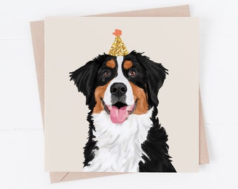 Bernese Mountain Dog Birthday Card: Party Hat Design