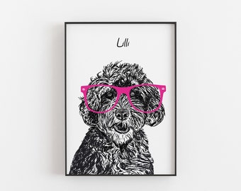 Portuguese Water Dog Print: Playful Dog Art with Glasses