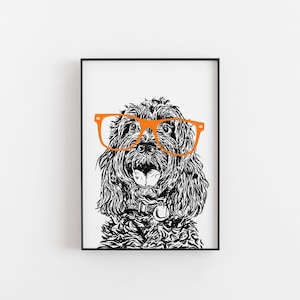 May include: Black and white line drawing of a dog wearing orange glasses. The dog is looking directly at the viewer with its tongue sticking out.