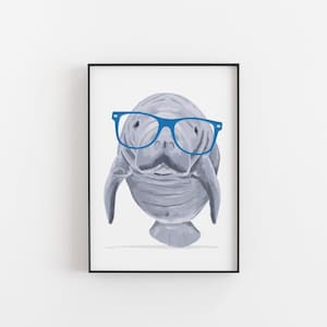 Manatee Art Print: Fun Wildlife Poster with Glasses