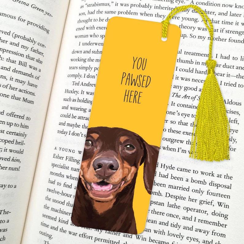 dog bookmark: hand-painted printed artwork, gifts for dog lovers, book accessories, Dachshund Brown