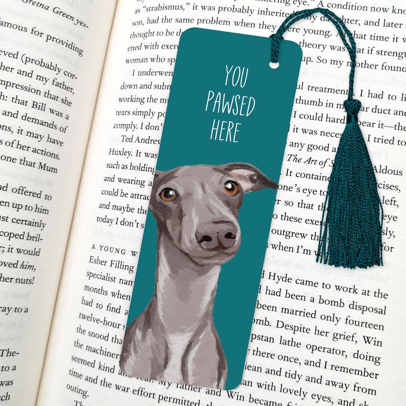 K&ouml;nnte beinhalten: Tealblauer Lesezeichen mit einer Illustration eines grauen italienischen Windhundes. Das Lesezeichen tr&auml;gt den Text "You Pawsed Here" in Wei&szlig;.