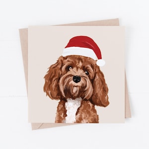 May include: A Christmas card illustration of a brown dog wearing a red and white Santa hat. The dog has a curly coat and a black nose. The card is set against a neutral background, perfect for the holiday season.