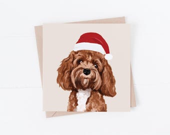 Cavapoo Weihnachtskarte: Hunde Weihnachtskarte mit Weihnachtsmütze
