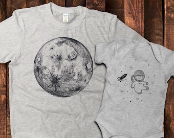 Chemise astronaute et lune, chemises assorties papa et bébé, père fille, père et fils, cadeaux de l'espace pour papa, chemises de l'espace, cadeau de fête des pères