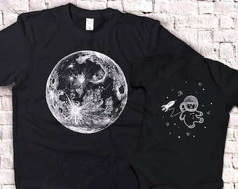 Chemises assorties pour papa et bébé, chemise lune et chemise astronaute, chemises assorties père fils, père fille, chemise espace