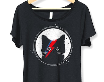 Cadeau pour amoureux des chats, chemise David Bowie Cat pour femme, Ziggy Stardust, t-shirt fluide pour femme, t-shirt à col rond pour femme, cadeau de Noël