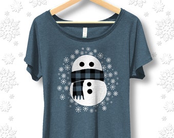 Blue Christmas Shirt, Flowy Women's Christmas Tshirt, Ladies Holiday Shirt, Trendy Scoop Neck Tee, Blue Buffalo Plaid Snowman Shirt