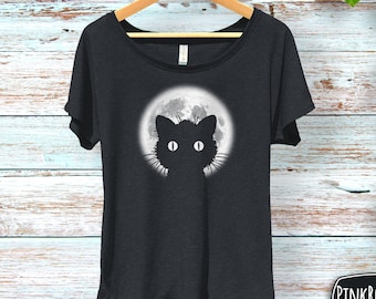 Chemise fluide chat noir, haut lune d'Halloween, t-shirt pleine lune pour femme, cadeau pour amoureux des chats, t-shirt maman chat pour femme