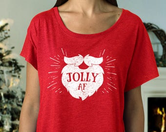 Funny Christmas Shirt for Women, Jolly AF, Ladies Flowy Top, Scoop neck, soft Triblend t-shirt, Santa Claus Shirt, Christmas gift for friend