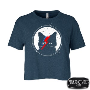 May include: A navy blue cropped t-shirt with a black cat wearing a red and blue lightning bolt across its eye. The cat is surrounded by a white circle with stars and the text "PINKROBOTSHIRTS.COM".