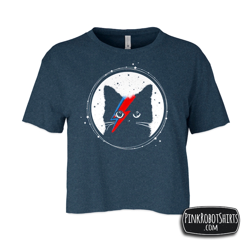May include: A navy blue cropped t-shirt with a black cat wearing a red and blue lightning bolt across its eye. The cat is surrounded by a white circle with stars and the text "PINKROBOTSHIRTS.COM".