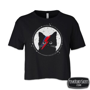 May include: Black cropped t-shirt with a black cat wearing a red and blue lightning bolt across its eye. The cat is in a circle with white stars around it.