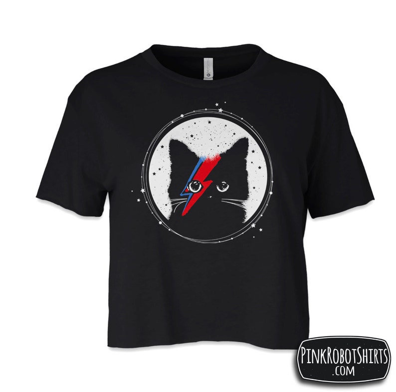 May include: Black cropped t-shirt with a black cat wearing a red and blue lightning bolt across its eye. The cat is in a circle with white stars around it.