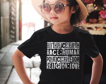 Children&#39;s T-shirt: Equality, Kindness, Love, Gift for Girls and Boys, Birthplace Earth Race Human Shirt, Anti Racism Shirt