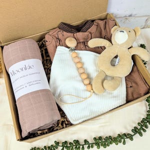Bear Baby Gift Box Set, Swaddle Blanket, Rattle, Pacifier Clip