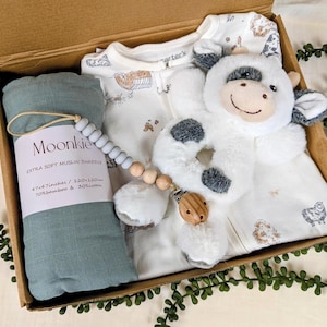 Cow Baby Gift Box Set: Muslin Swaddle, Sleeper & Rattle