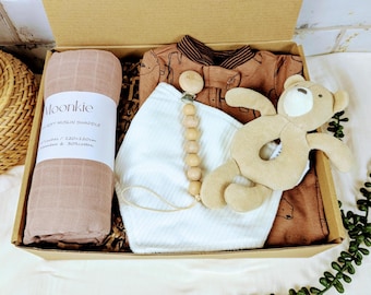Bear Baby Gift Box Set, Swaddle Blanket, Rattle, Pacifier Clip