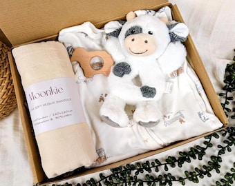 Cow Baby Gift Box Set: Farm baby gift box, Baby shower gift, New Baby gift, Baby boy gift box, gender neutral baby gift