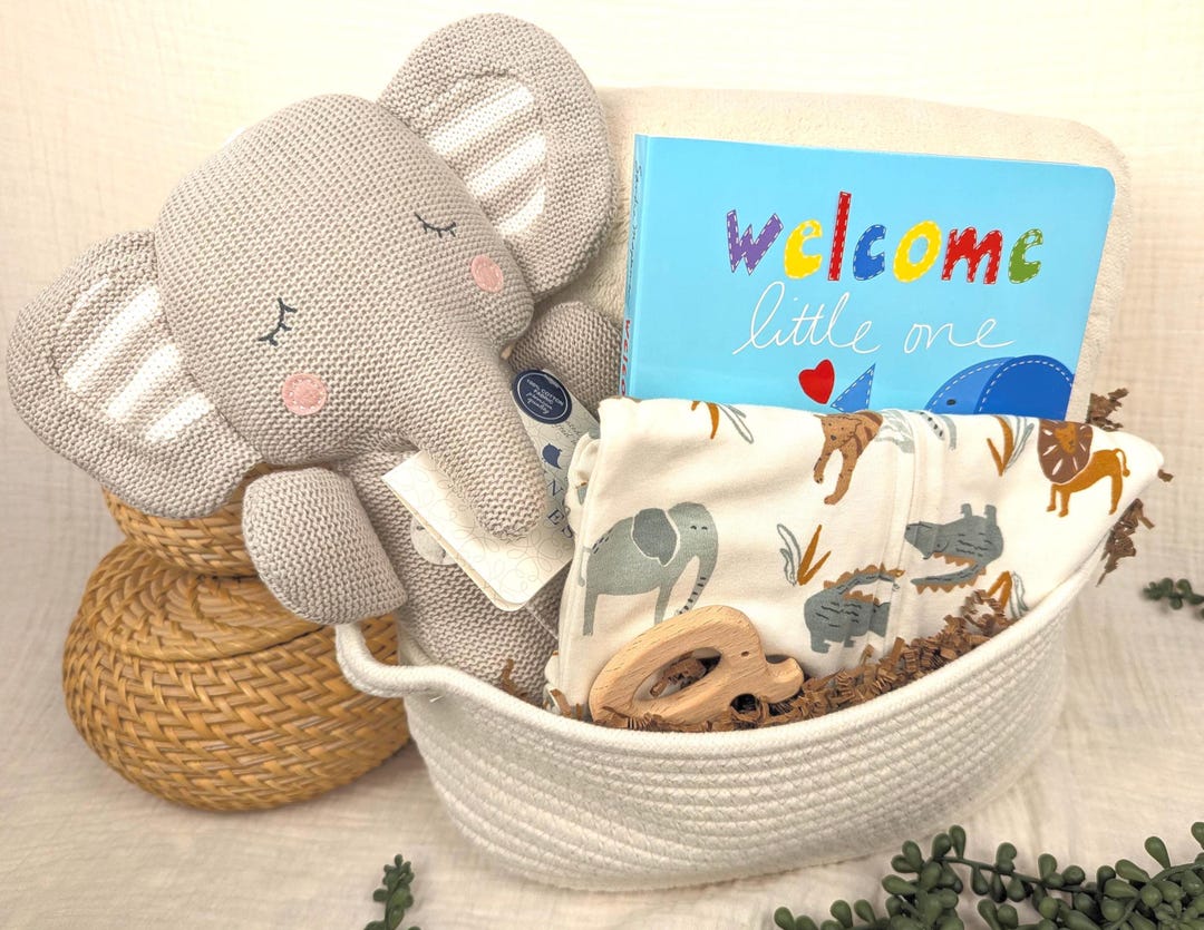 Baby Shower Gift Basket: Knit Elephant Gift Basket, Elephant Gift Box ...