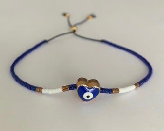 Evil eye beaded bracelet, Minimalist seed bead bracelets, Thin beaded evil eye bracelet, Adjustable bracelet, Tiny beaded bracelet