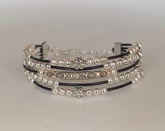 Boho Black Leather Bracelet, Silver Plated Beaded Jewelry, Adjustable