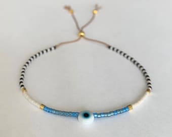 Evil eye beaded bracelet, Minimalist seed bead bracelets, Thin beaded evil eye bracelet, Adjustable bracelet, Tiny beaded bracelet