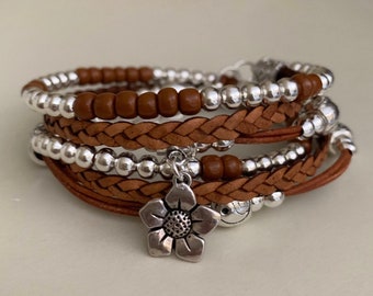 Boho bracelet, Boho bracelet for women, Leather wrap bracelet,  Silver bracelet for women, Women’s leather bracelet, Beaded bracelet