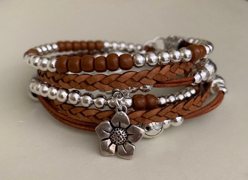Boho bracelet, Boho bracelet for women, Leather wrap bracelet, Silver bracelet for women, Womens leather bracelet, Beaded bracelet image 1