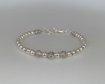 Silver Plated Beaded Bracelet, Leather Cord, Boho Jewelry